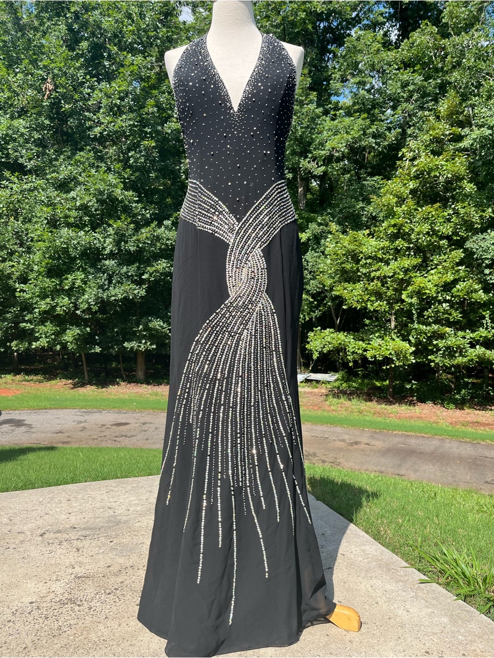 Vintage Tiffany Designs Black Rhinestone Halter Gown